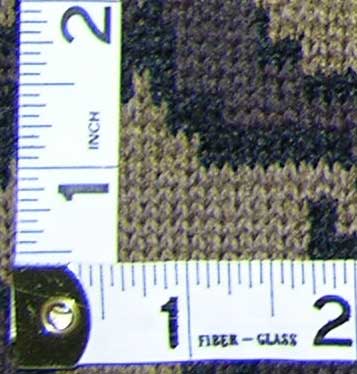 The Knit Tree Camo Fabric is 10.5 sts/" and 10.5 visual rows / inch