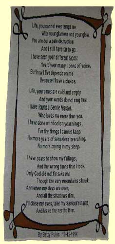 Life Memory Knit Blanket poem by Betty Pukis knit in memory of Sharon Nani's mother Betty