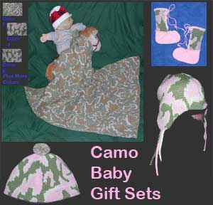 Camouflage gifts for baby includes camo blankets, camo beanies, camo baby booties