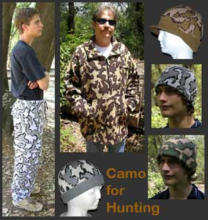 Camouflage Knit Clothing for Hunting includes camo jackets, sweaters, skull caps, camo visor caps and more