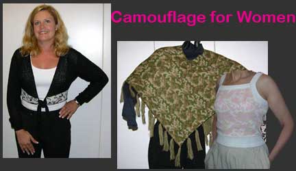 Camouflage clothing for women includes shrugs, camo camis, and ponchos