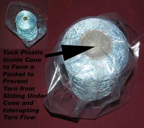 Use the Plastic Bag Trick to prevent slippery yarn from sliding under the cone/tube and hanging up, prevent the yarn from flowing properly.