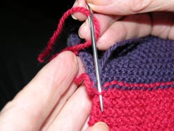 following the line of the knit stitch, poke the needle down through what looks like the bottom of a U, the sinker loop
