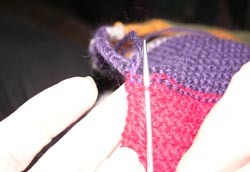 Following the line of the knit stitch, poke the darning needle up through what looks like an up side down U, the upper loop.