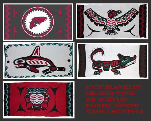 Collection of Knit Pacific Northwest Coast Salmon, Wolf, Orca, Owl and Eagle Blankets