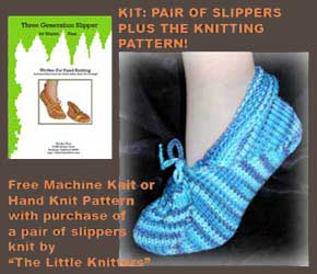 Three Generation Slippers knit by the Little Knitters with a free knitting pattern for hand or machine knitters 