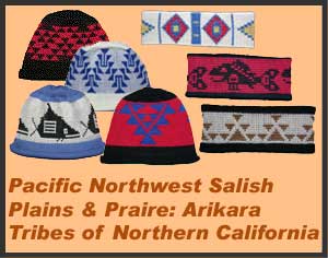 A collection of knit indian caps and headbands from various tribal cultures